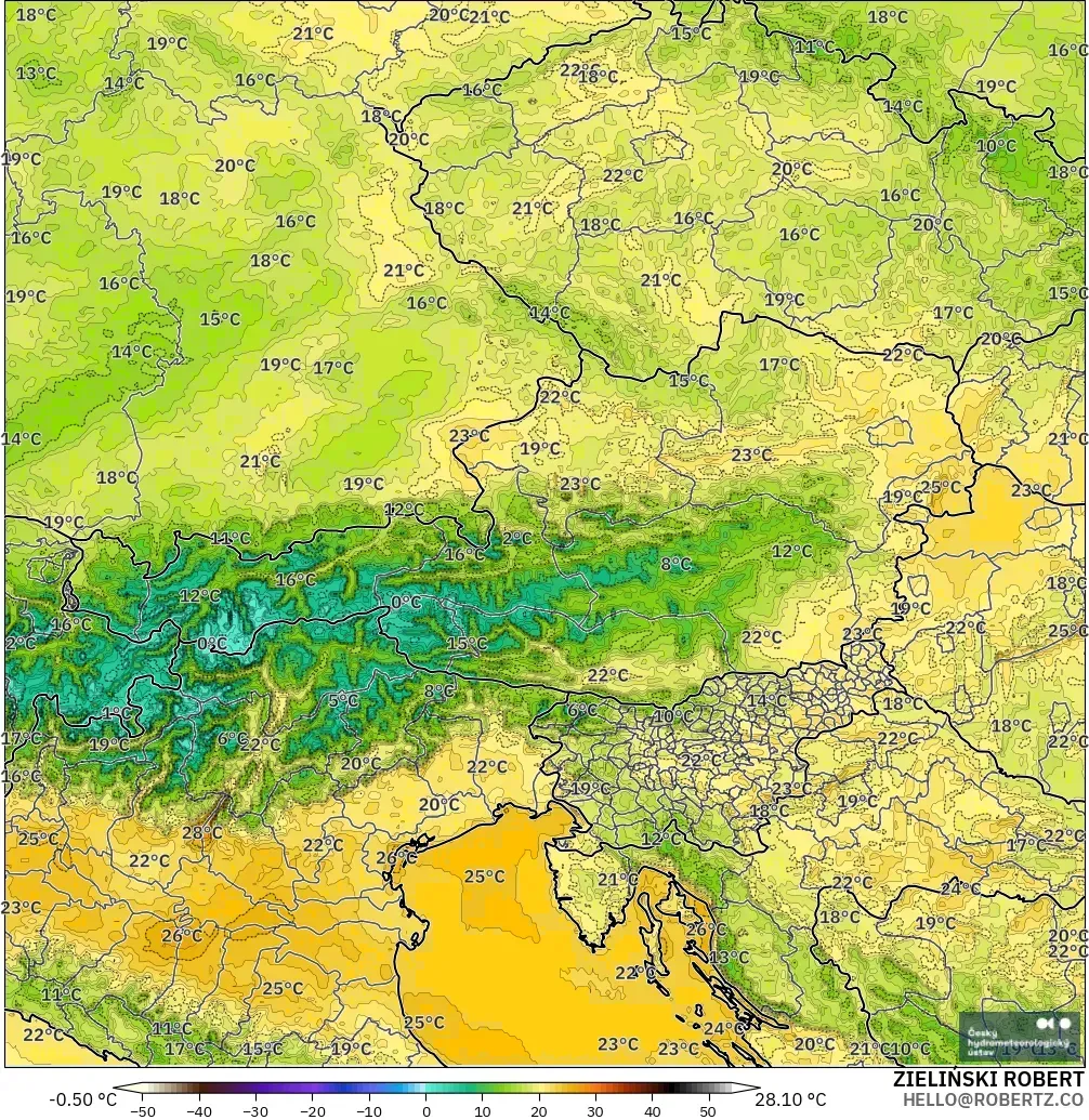 ALADIN CZ 2.3 km modelo - Austria, Temperature at 2m
