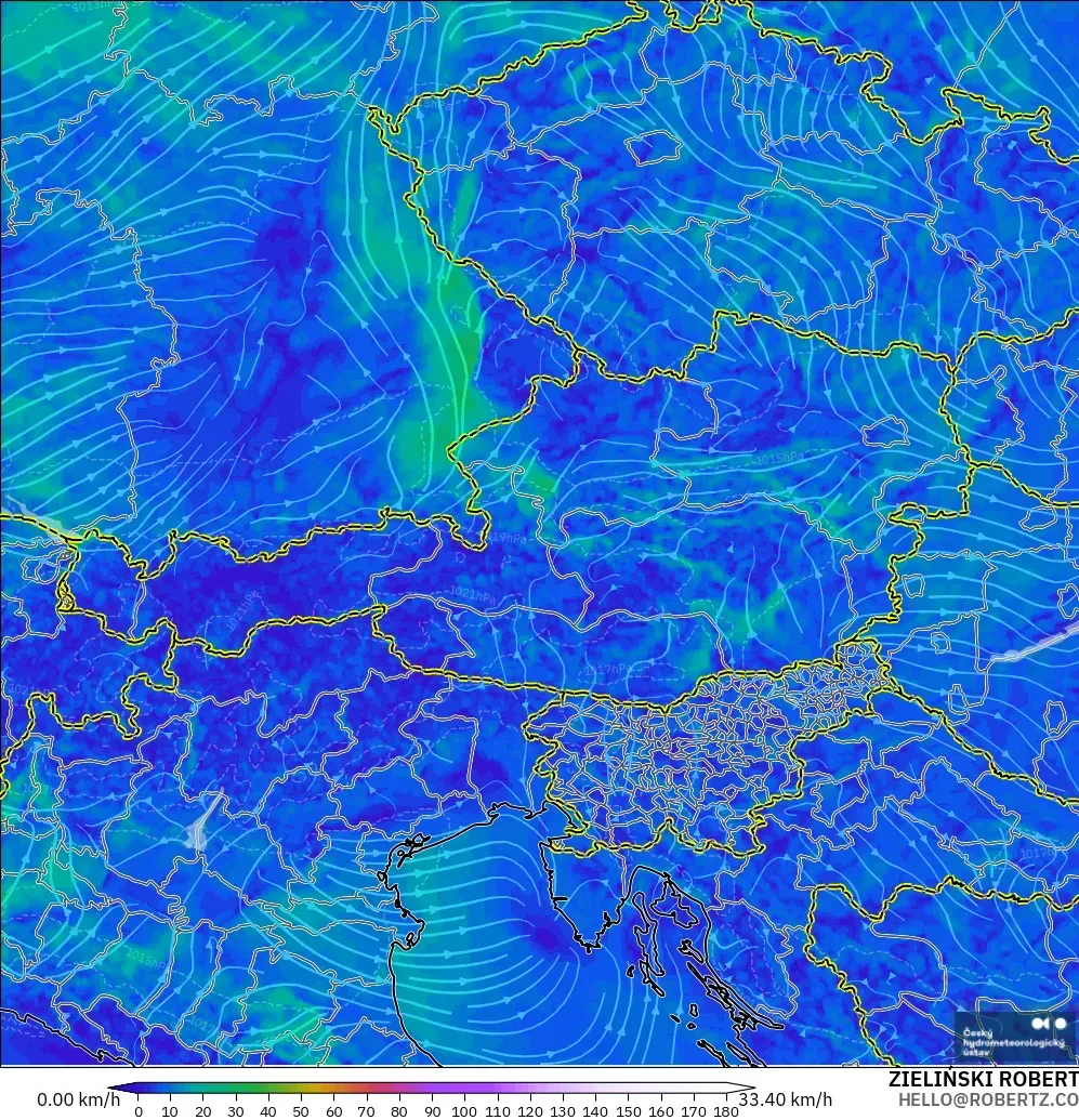 ALADIN CZ 2.3 km modelo - Austria, Wind at 10m