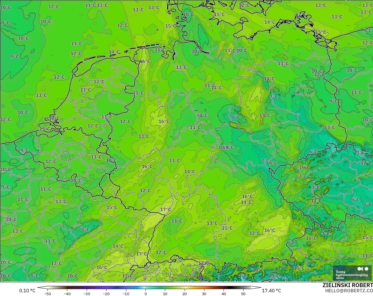 ALADIN CZ 2.3 km model - Jerman, Titik Embun 2 m