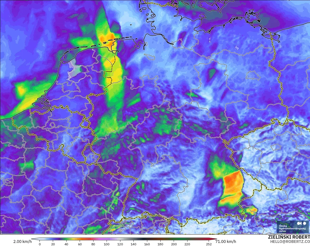 ALADIN CZ 2.3 km model - Jerman, Hembusan Angin