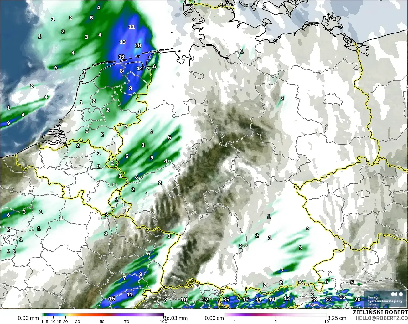 ALADIN CZ 2.3 km model - Jerman, Curah Hujan, Awan, dan Tekanan