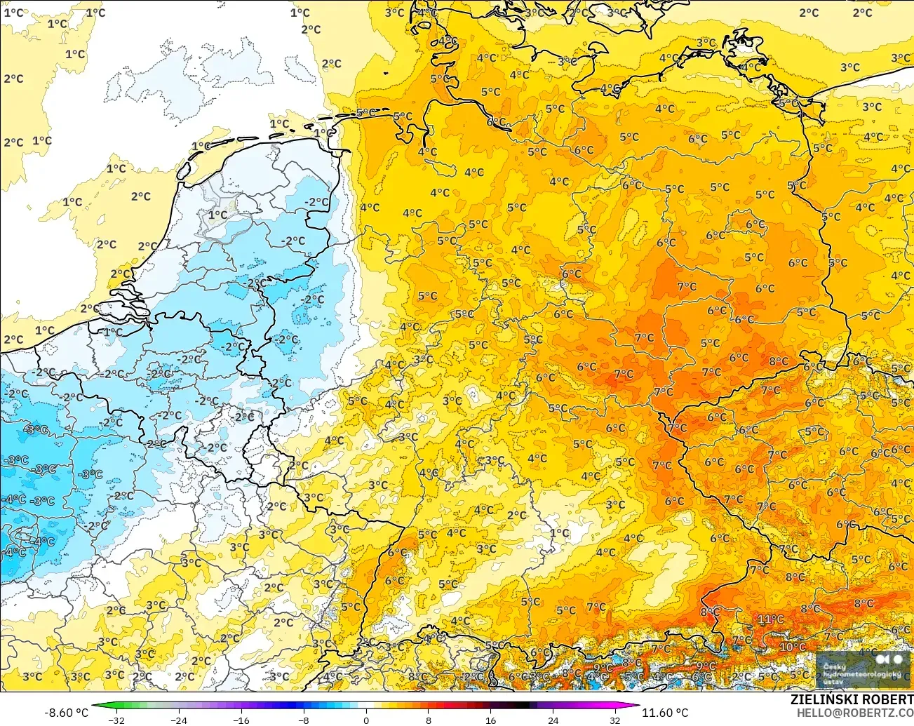 ALADIN CZ 2.3 km model - Jerman, Anomali Suhu 2 m