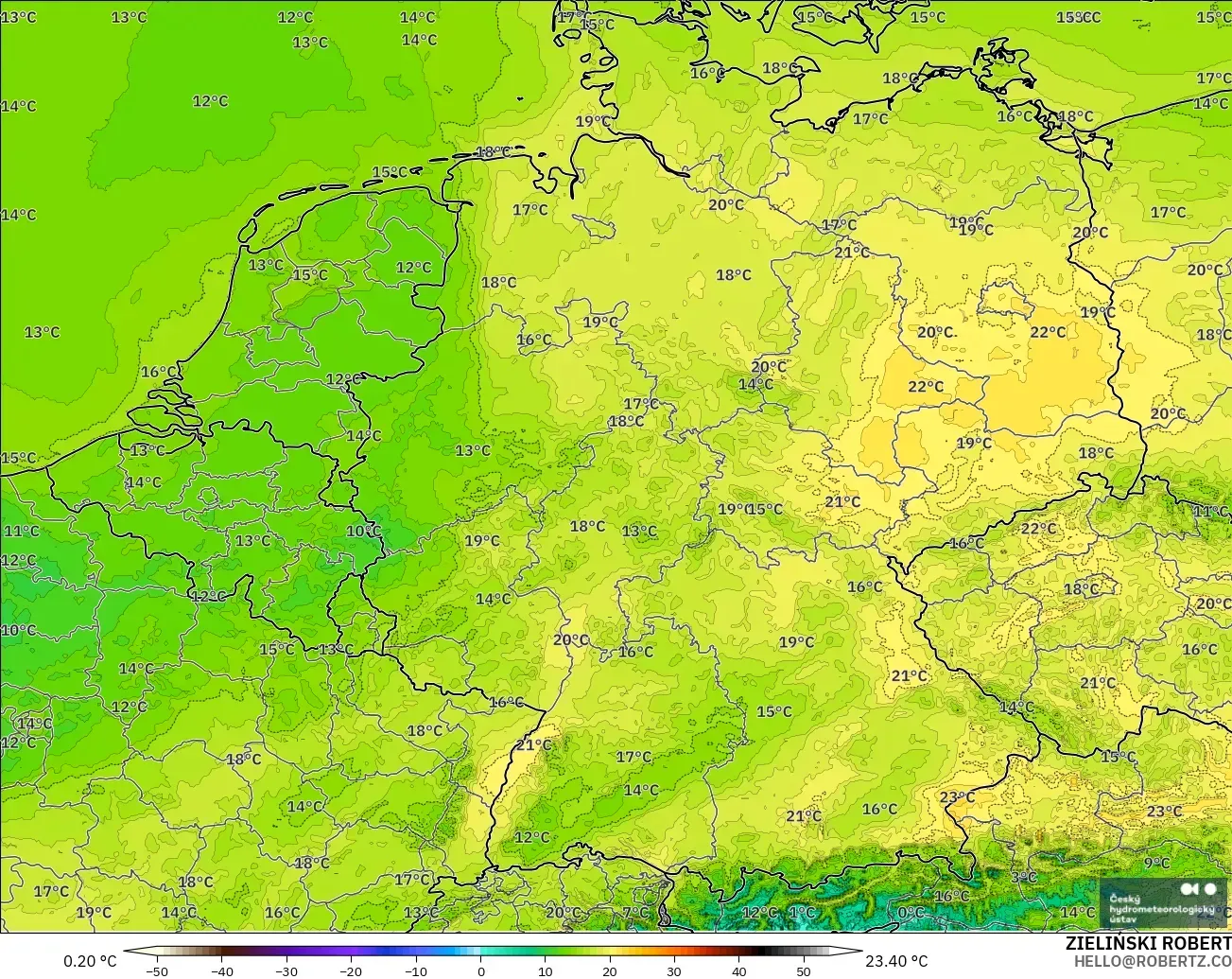 ALADIN CZ 2.3 km model - Jerman, Suhu 2 m