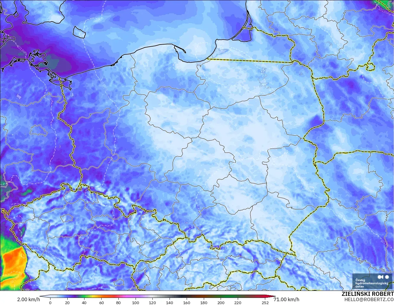 ALADIN CZ 2.3 km modelo - Poland, Wind Gusts Peak