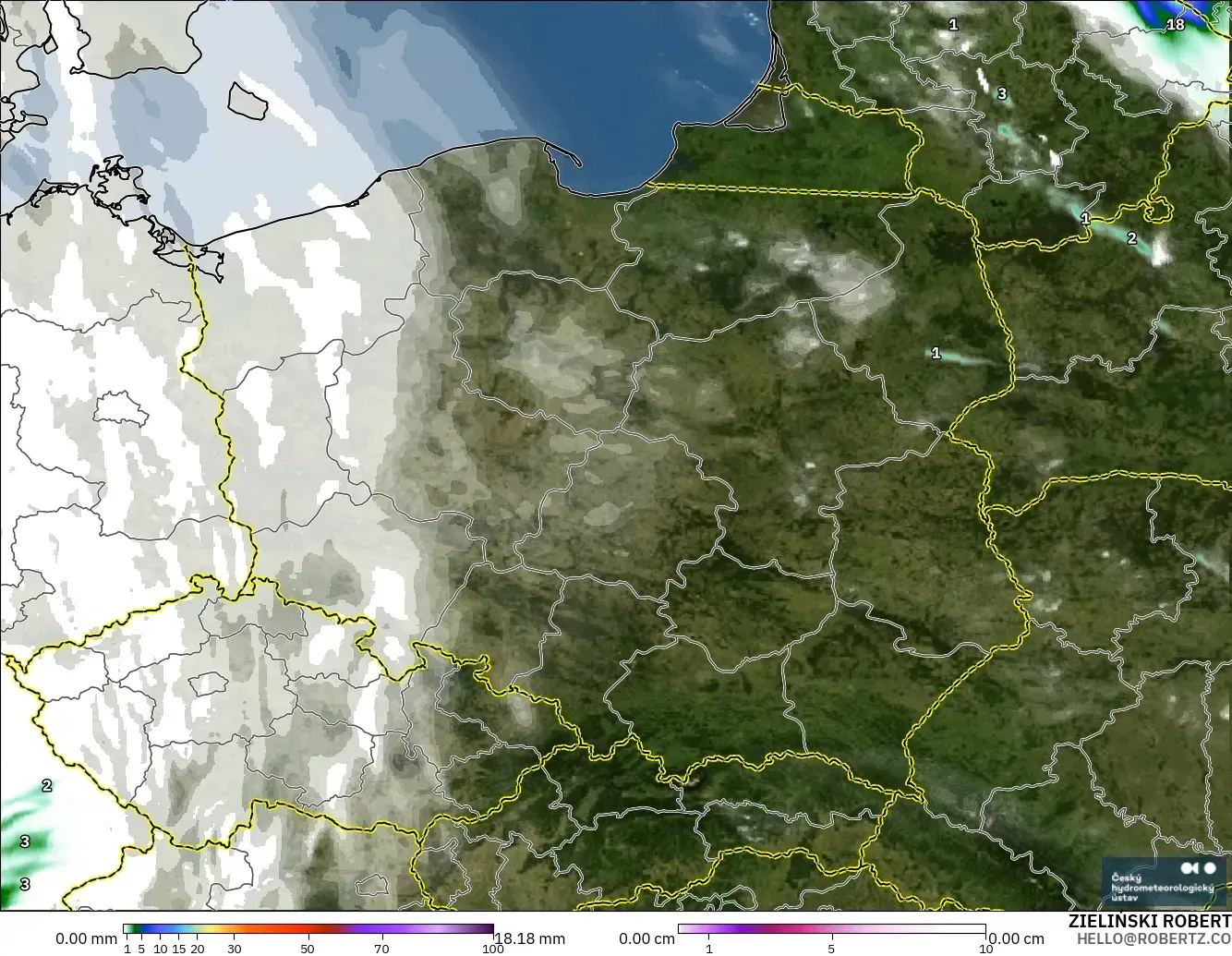 ALADIN CZ 2.3 km modelo - Poland, Precipitation, Clouds, and Pressure