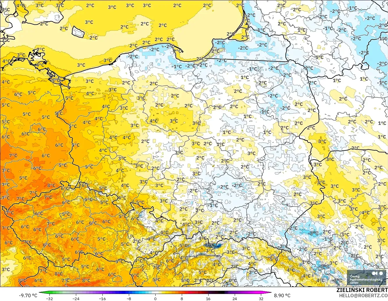 ALADIN CZ 2.3 km model - Polandia, Anomali Suhu 2 m