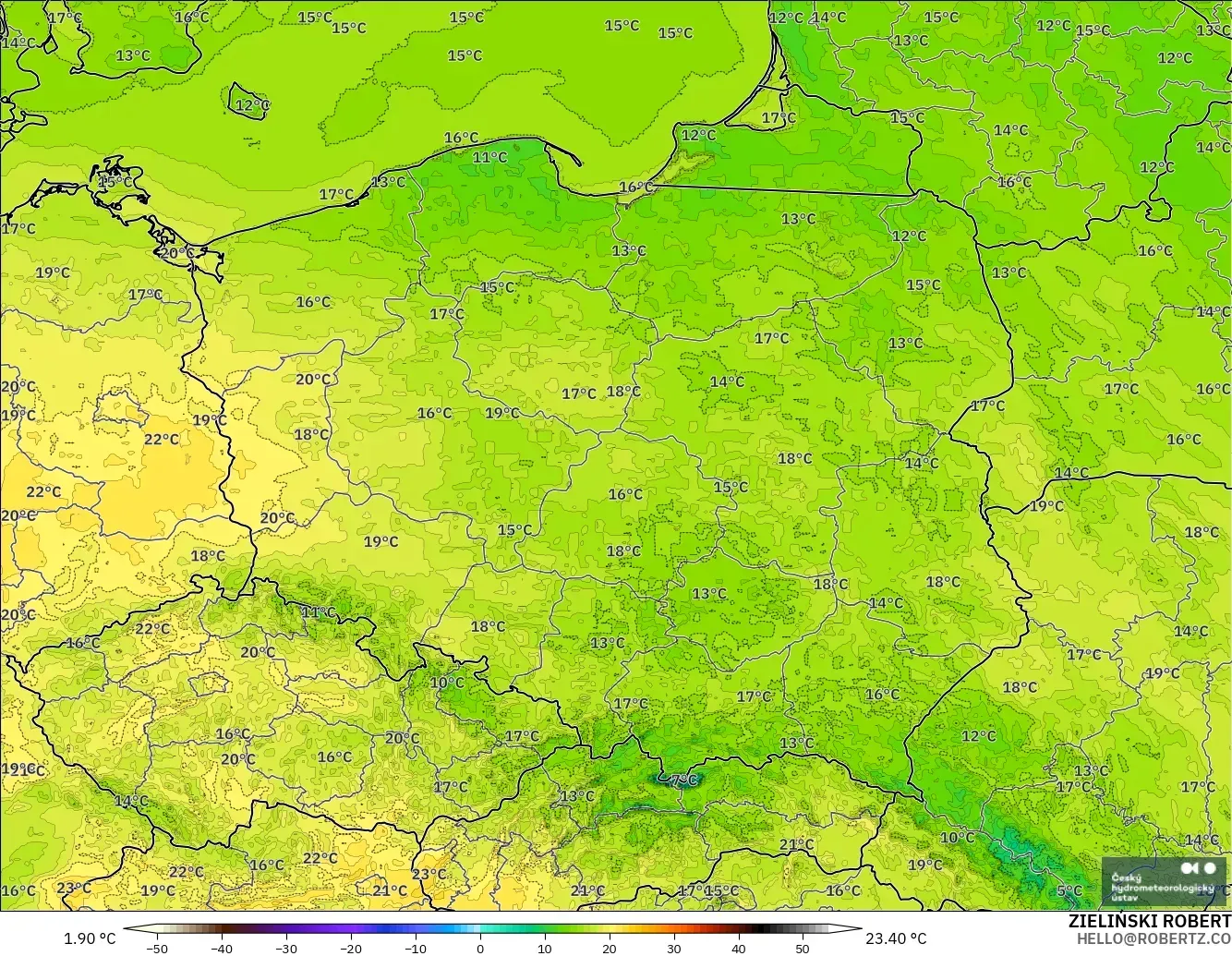 ALADIN CZ 2.3 km modelo - Poland, Temperature at 2m