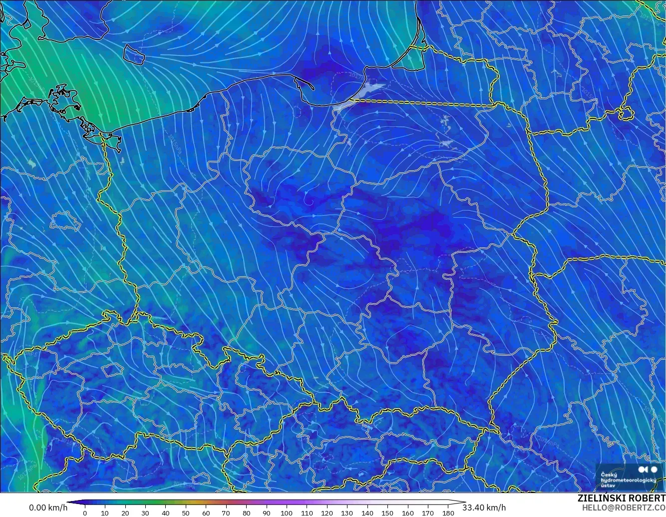 ALADIN CZ 2.3 km model - Polandia, Angin 10 m