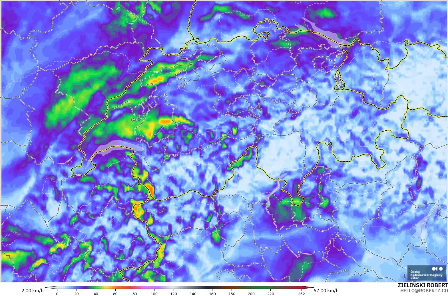 ALADIN CZ 2.3 km modelo - Switzerland, Wind Gusts Peak