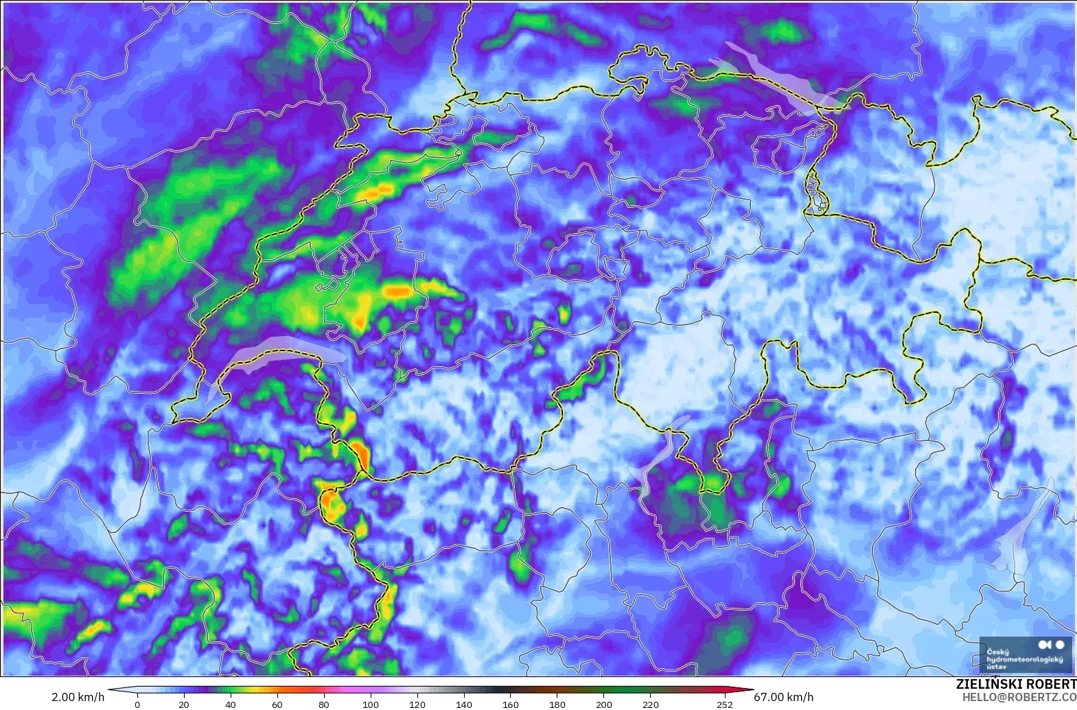 ALADIN CZ 2.3 km modelo - Switzerland, Wind Gusts