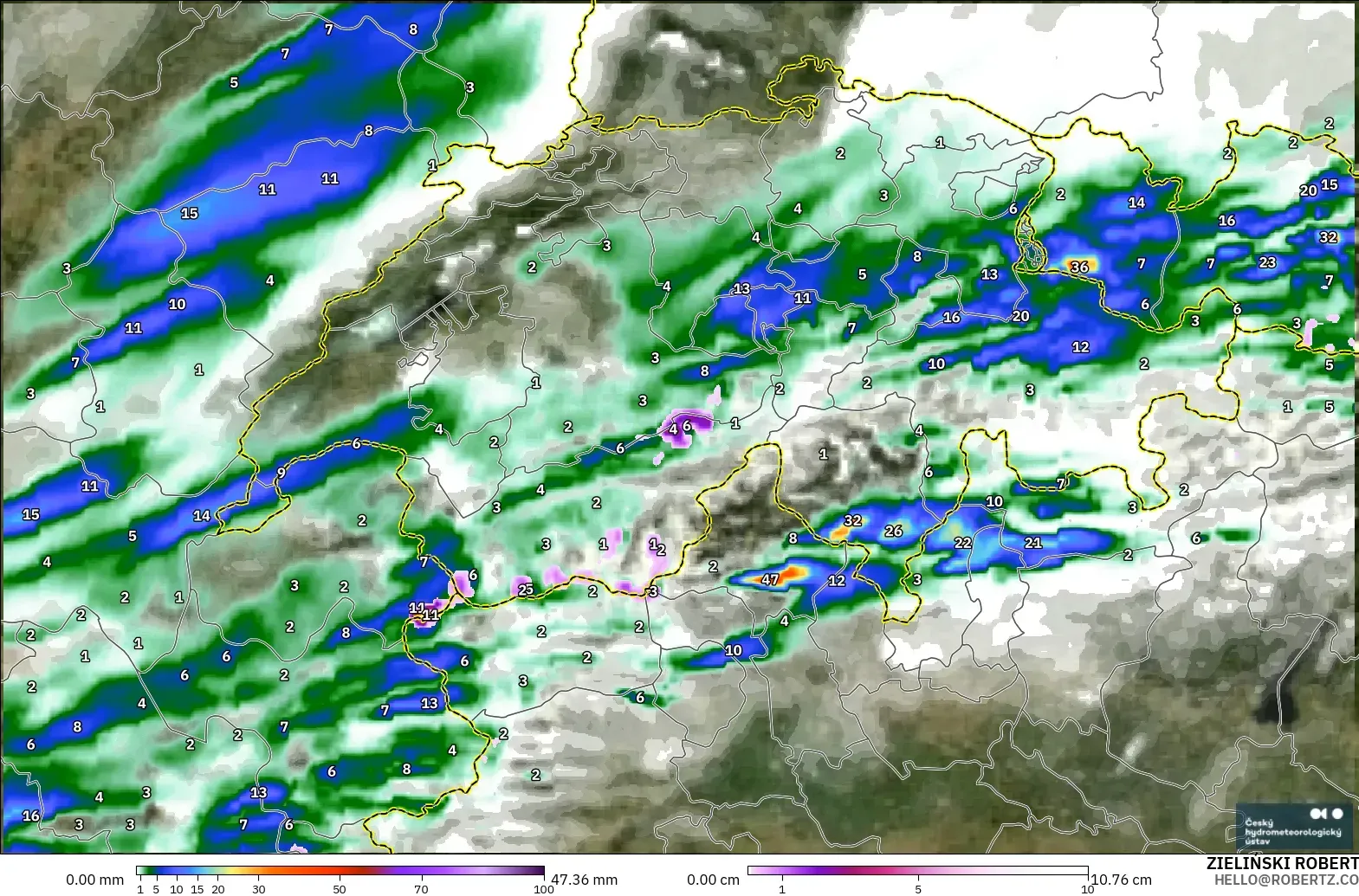 ALADIN CZ 2.3 km modelo - Switzerland, Precipitation, Clouds, and Pressure