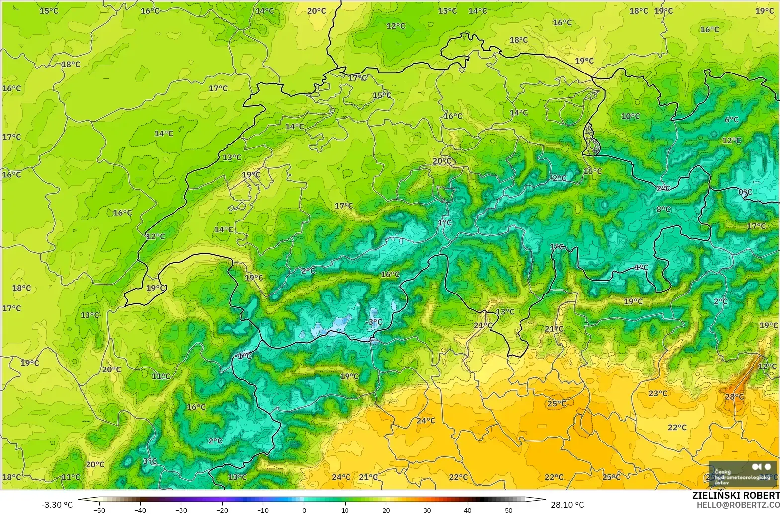 ALADIN CZ 2.3 km modelo - Switzerland, Temperature at 2m