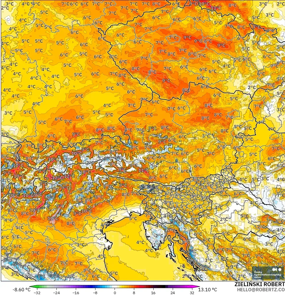 ALADIN CZ 2.3 km model - Austria, Anomali Suhu 2 m