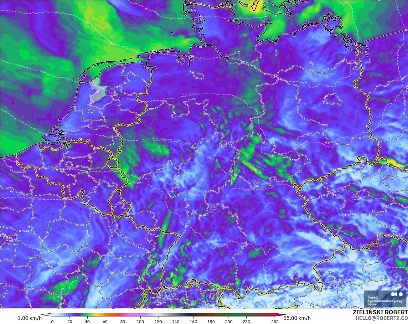 ALADIN CZ 2.3 km model - Jerman, Hembusan Tertinggi