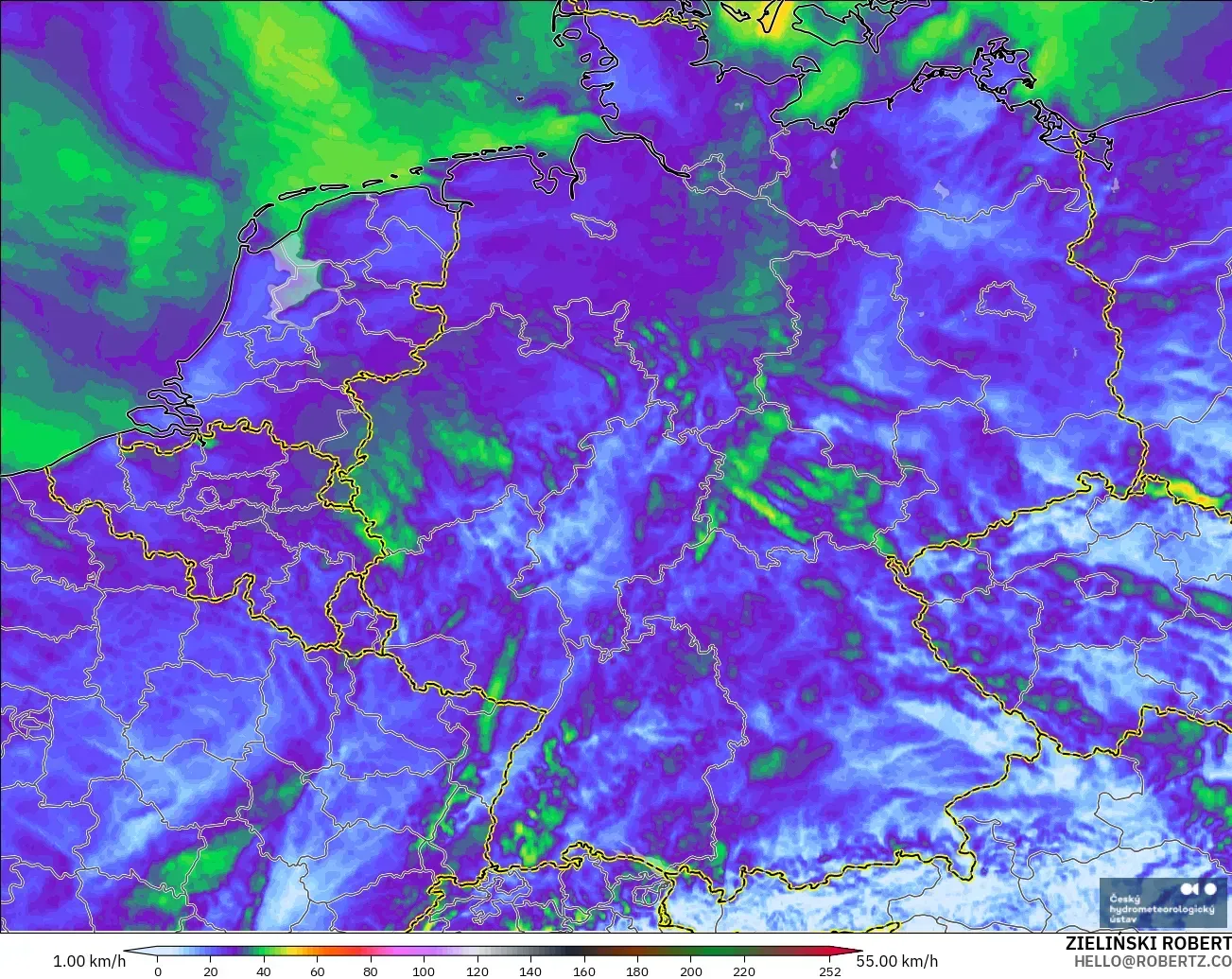 ALADIN CZ 2.3 km model - Jerman, Hembusan Angin