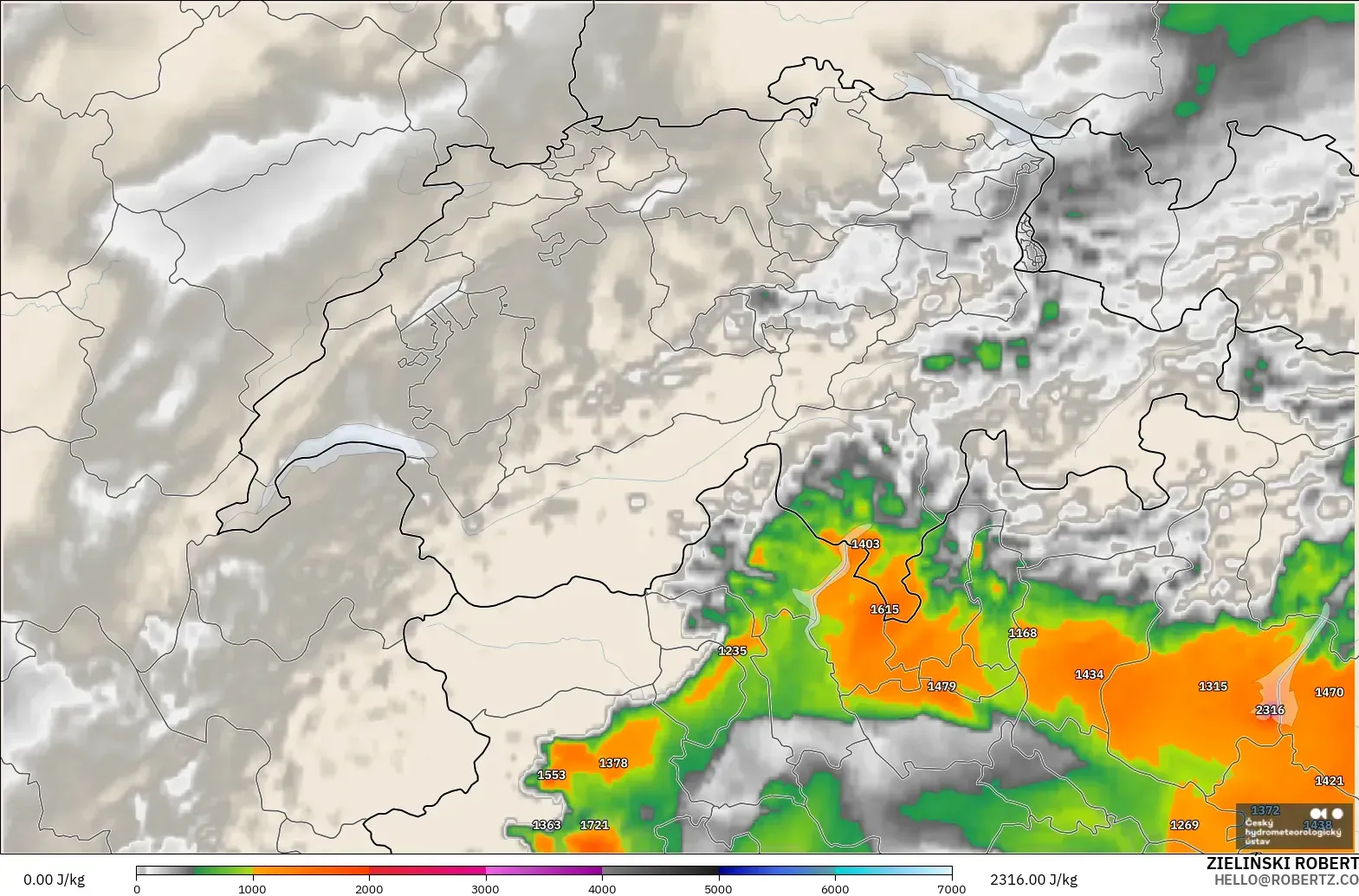 ALADIN CZ 2.3 km model - Switzerland, CAPE