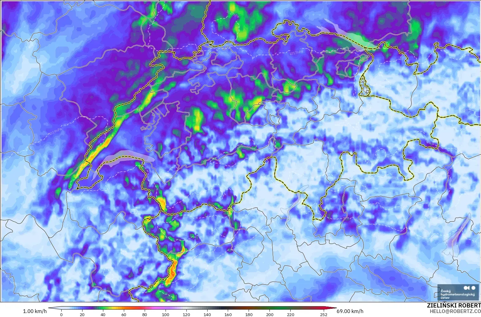 ALADIN CZ 2.3 km model - Switzerland, Hembusan Tertinggi