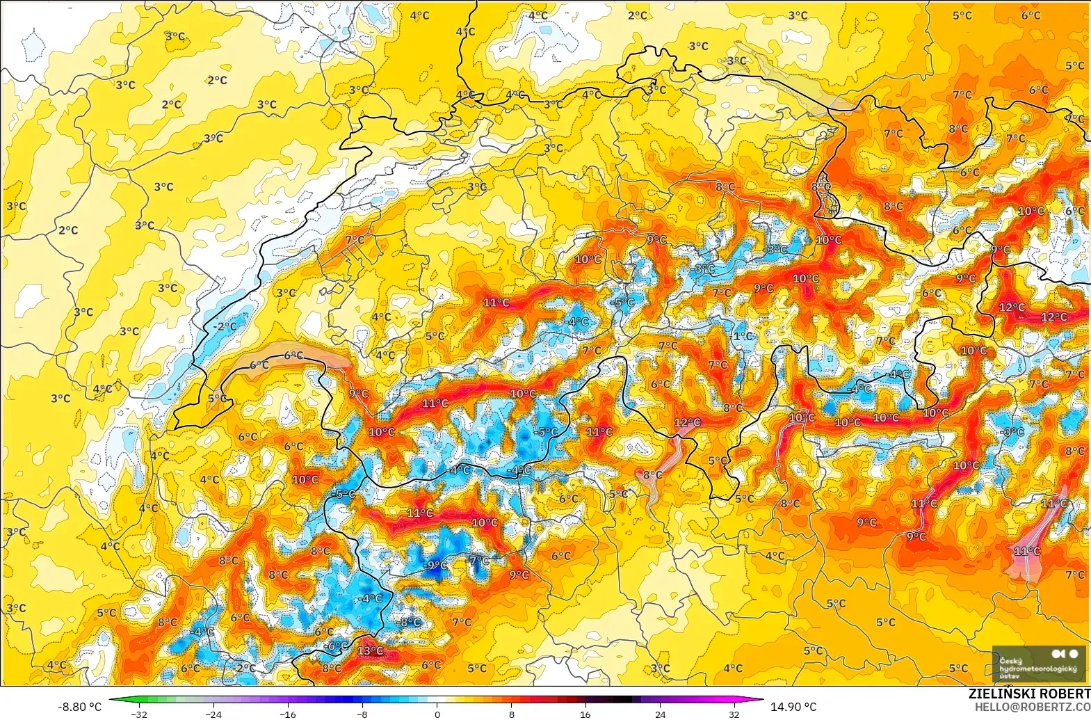 ALADIN CZ 2.3 km model - Switzerland, Anomali Suhu 2 m