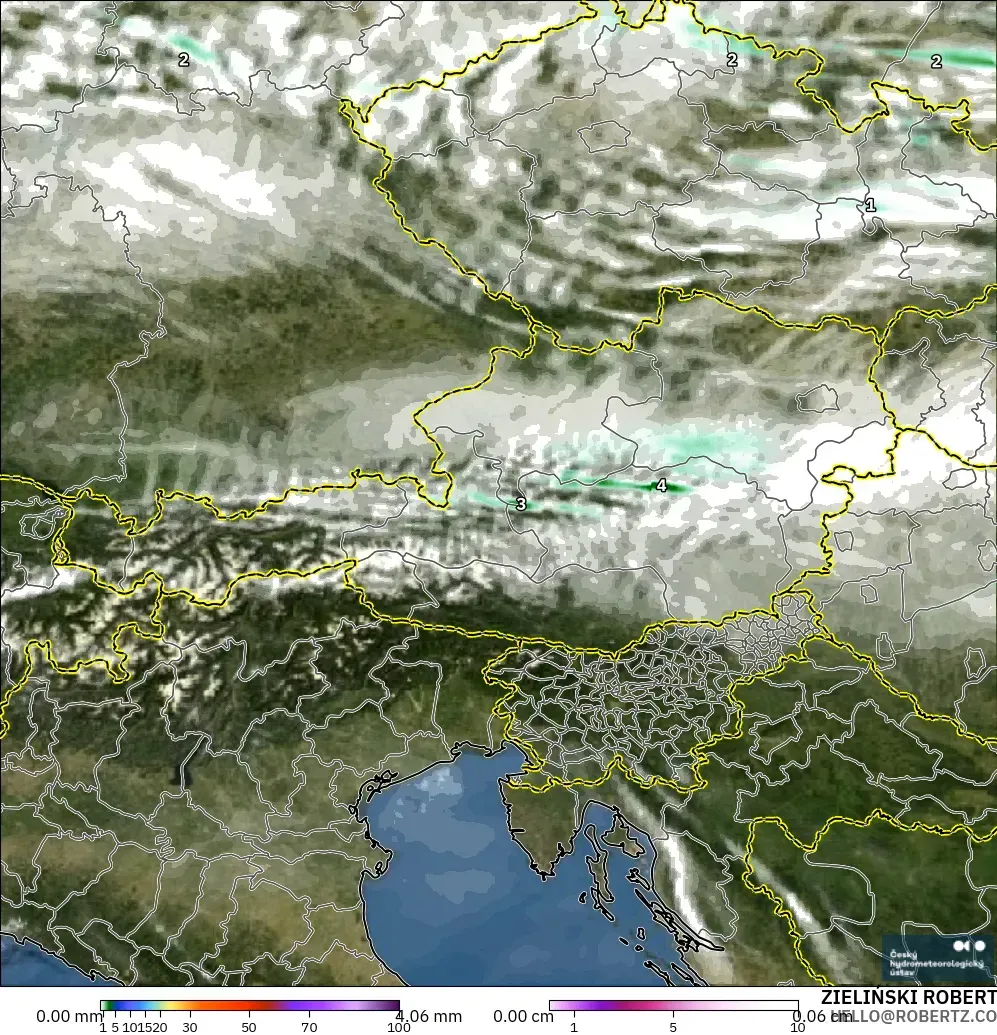 ALADIN CZ 2.3 km model - Austria, Precipitation, Clouds, and Pressure