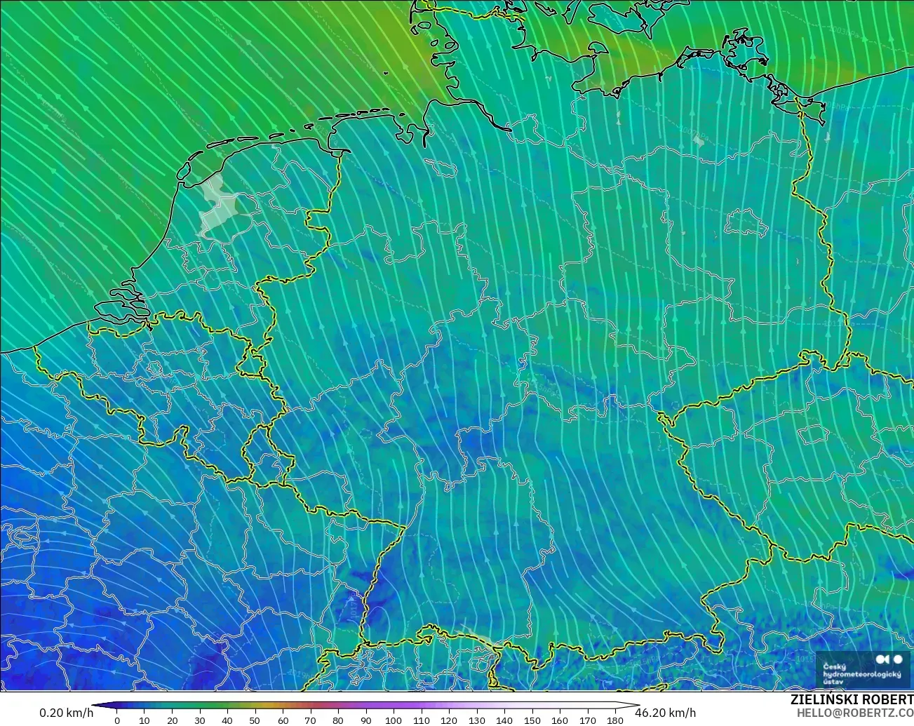 ALADIN CZ 2.3 km model - Germany, Wind at 10m