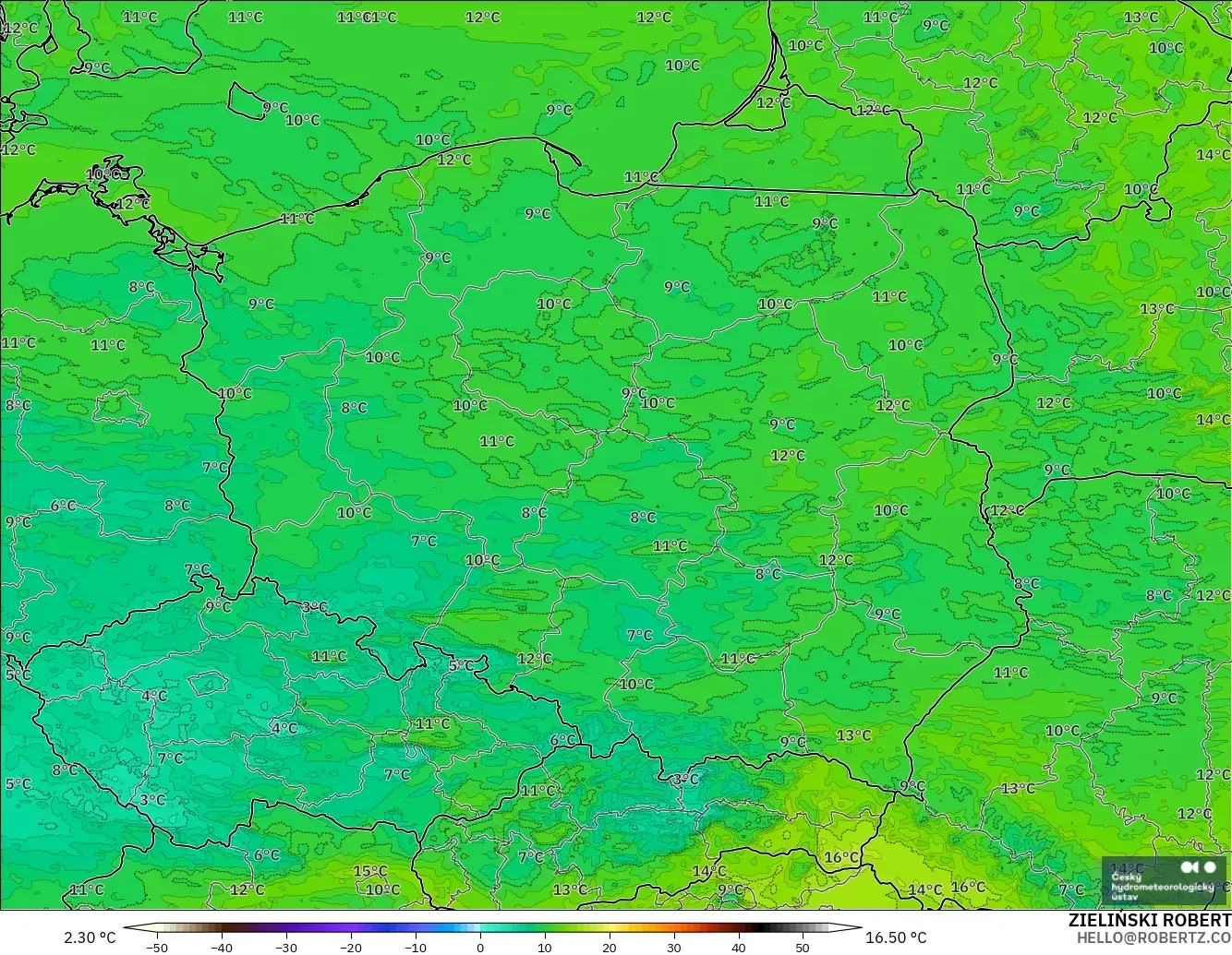 ALADIN CZ 2.3 km model - Poland, Dewpoint at 2m