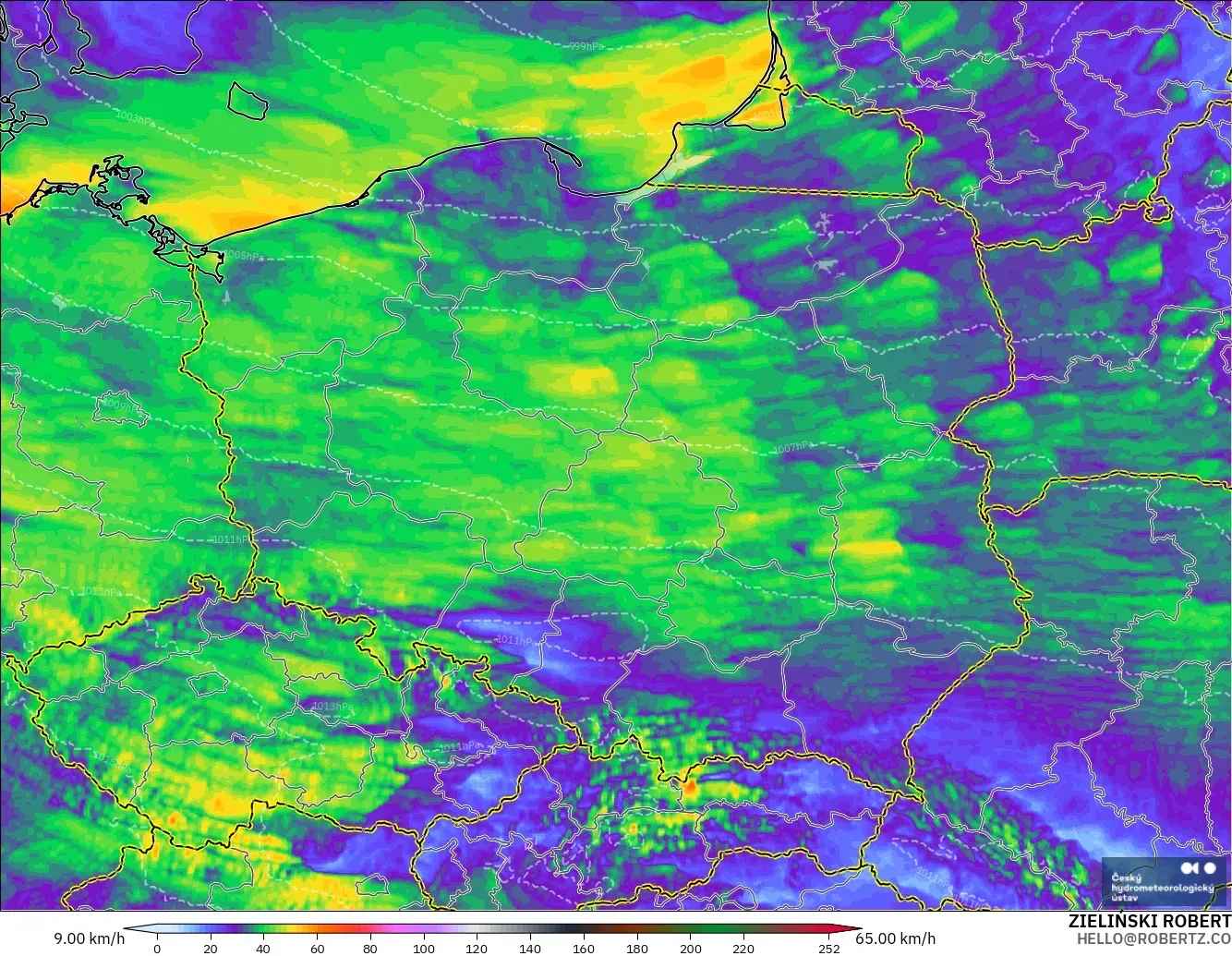 ALADIN CZ 2.3 km model - Poland, Wind Gusts Peak