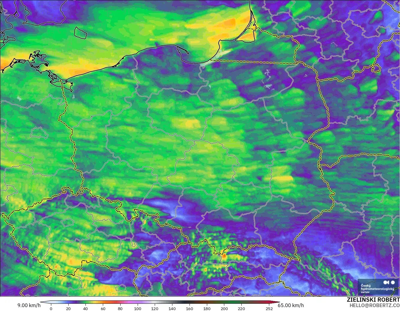ALADIN CZ 2.3 km model - Poland, Wind Gusts