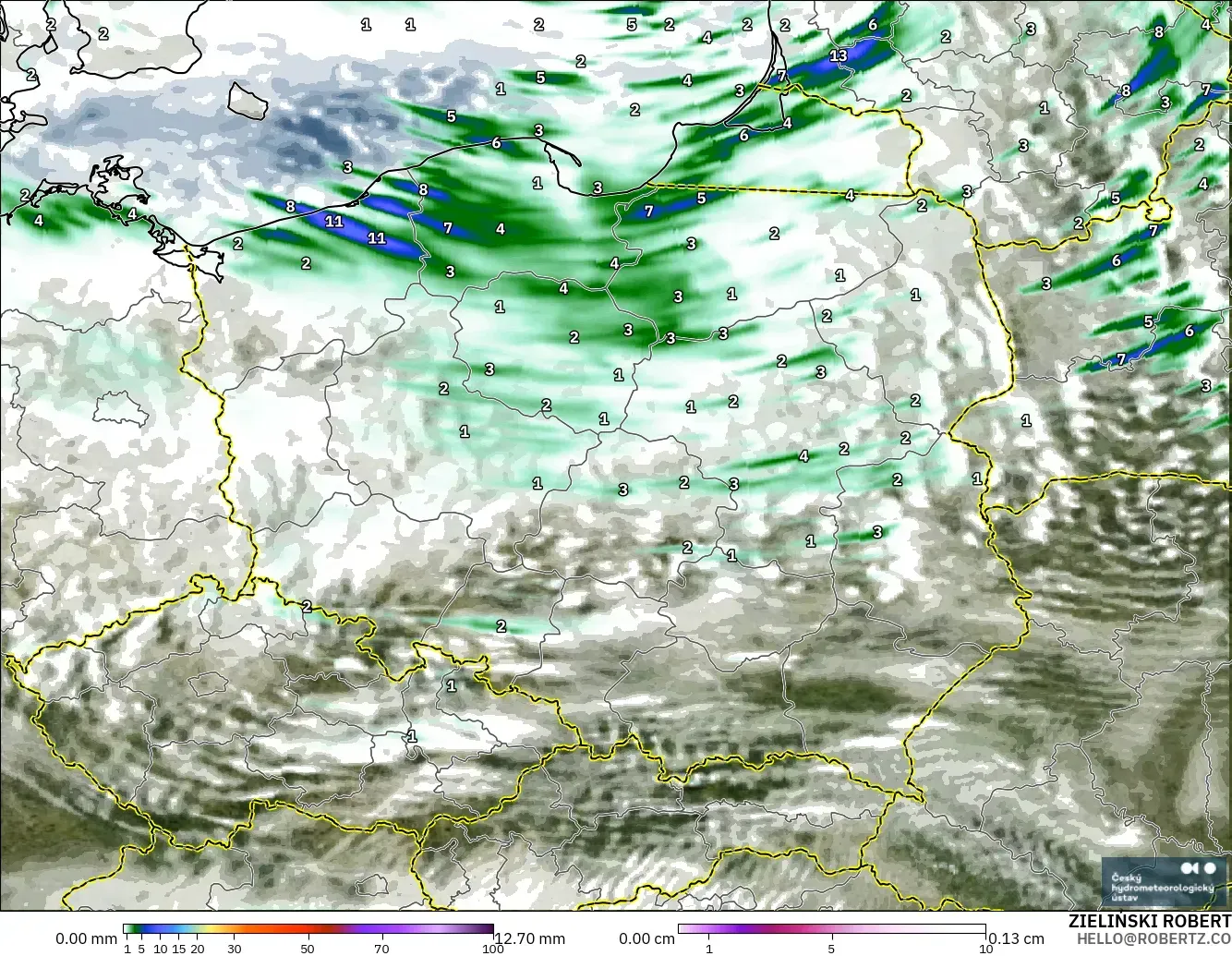 ALADIN CZ 2.3 km model - Poland, Precipitation, Clouds, and Pressure