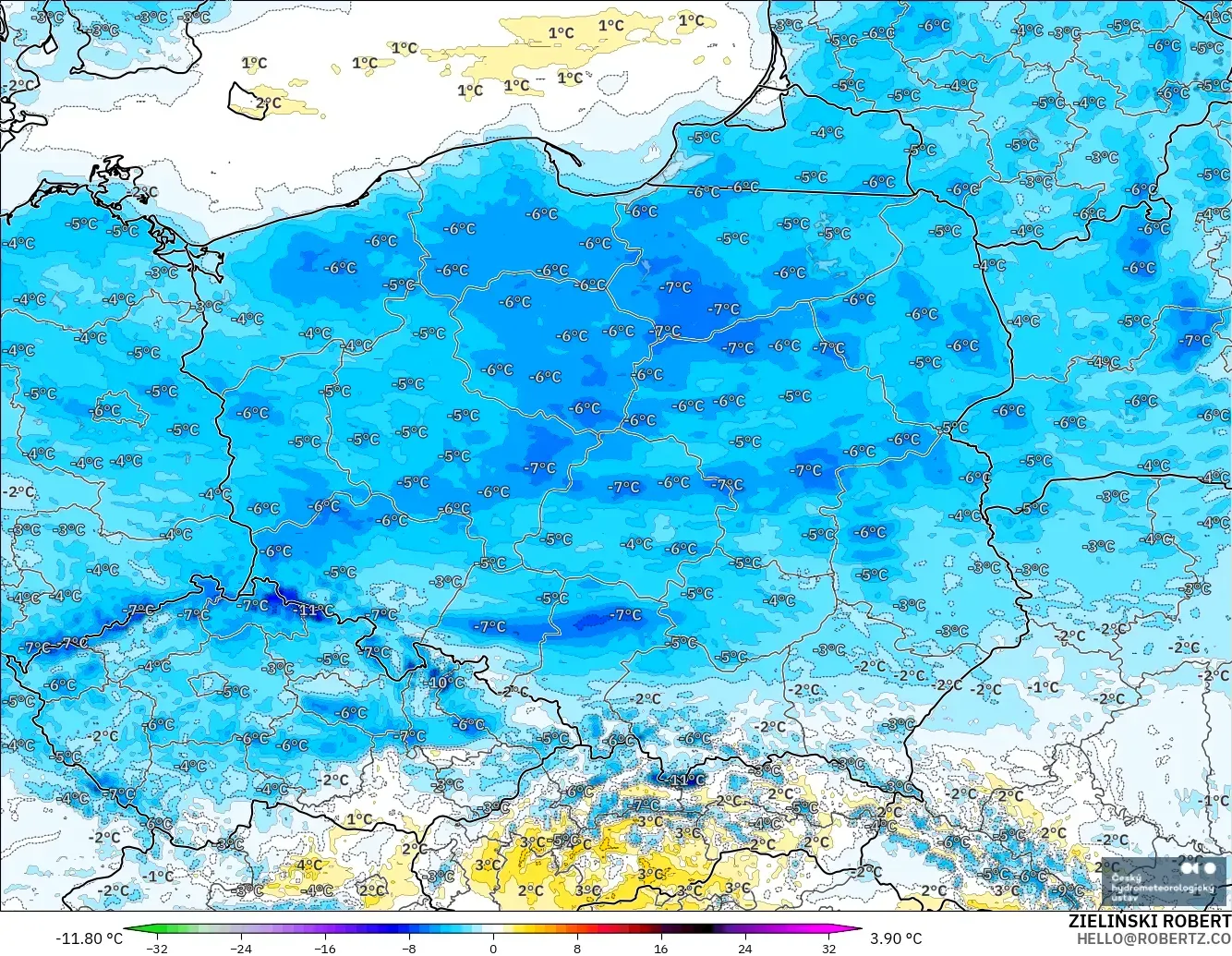 ALADIN CZ 2.3 km model - Poland, Temperature at 2m Anomaly