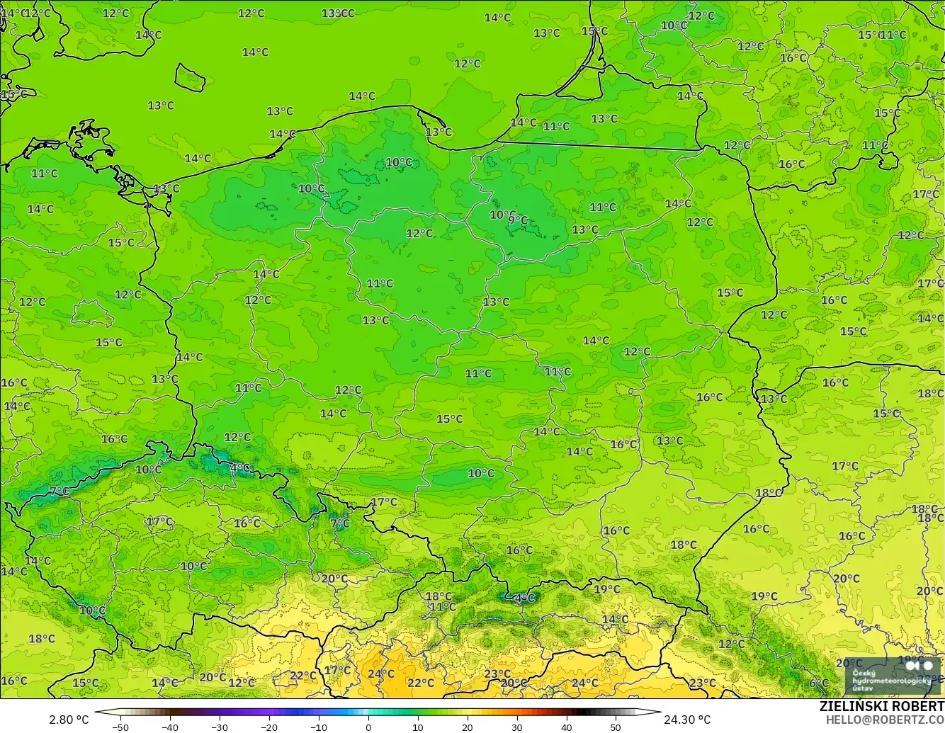ALADIN CZ 2.3 km model - Poland, Temperature at 2m