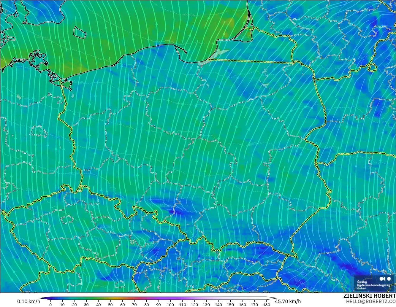 ALADIN CZ 2.3 km model - Poland, Wind at 10m