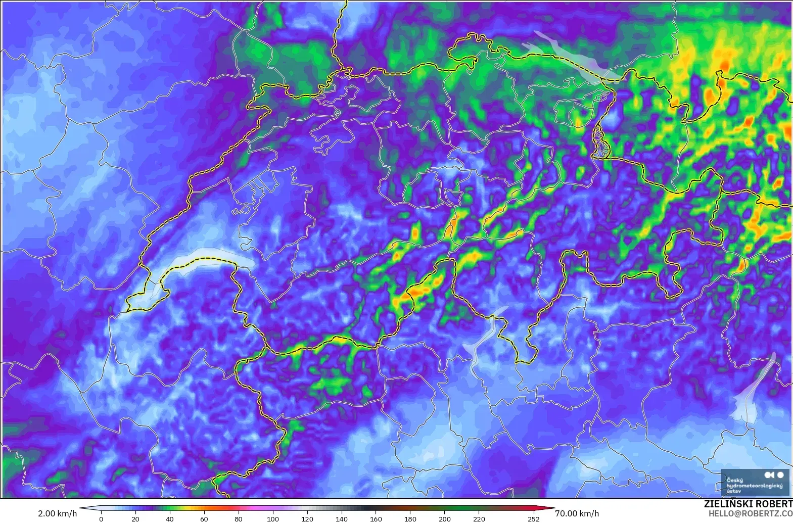ALADIN CZ 2.3 km model - Switzerland, Wind Gusts