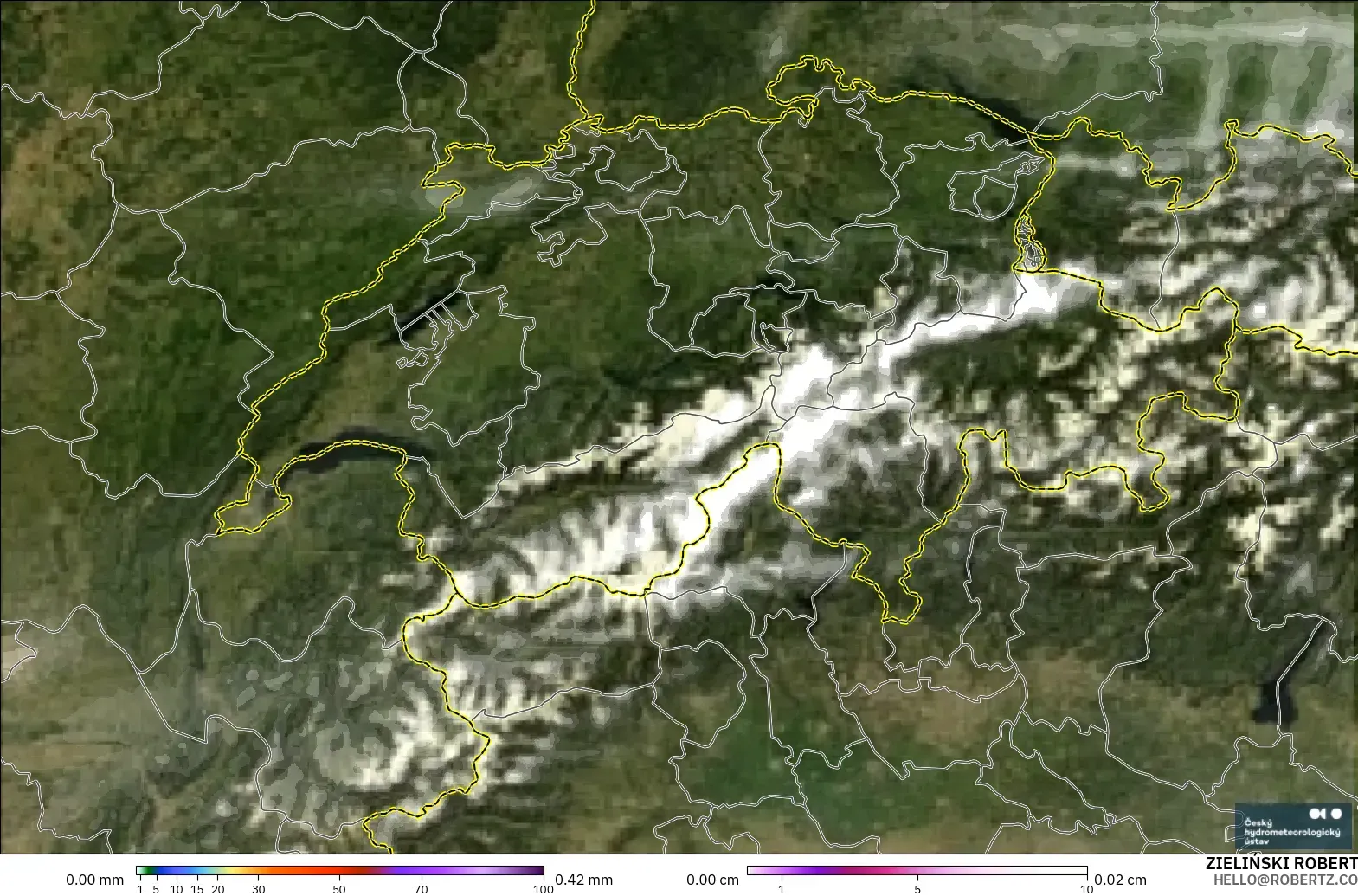 ALADIN CZ 2.3 km model - Switzerland, Precipitation, Clouds, and Pressure