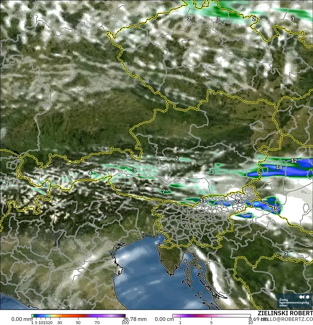 ALADIN CZ 2.3 km model - Austria, Precipitation, Clouds, and Pressure
