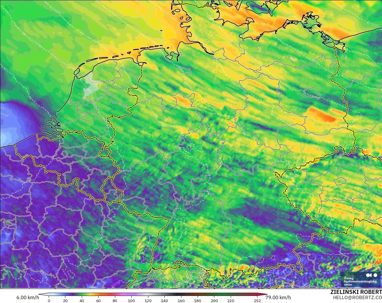 ALADIN CZ 2.3 km model - Germany, Wind Gusts Peak