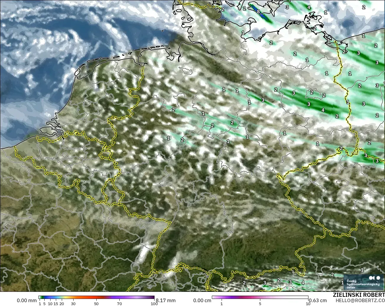 ALADIN CZ 2.3 km model - Germany, Precipitation, Clouds, and Pressure