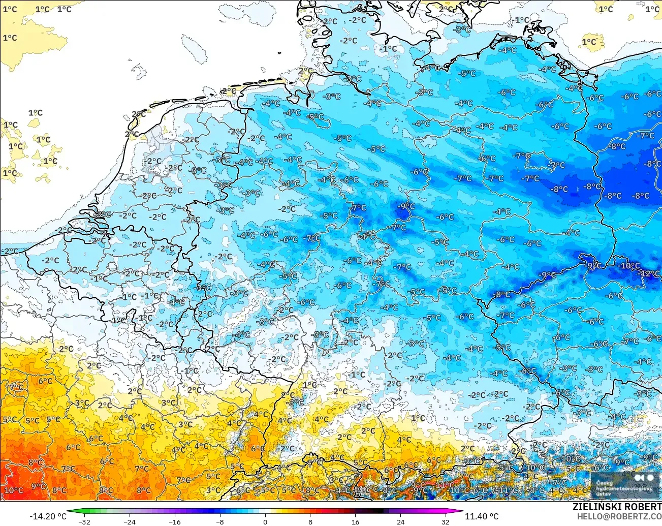 ALADIN CZ 2.3 km model - Germany, Temperature at 2m Anomaly