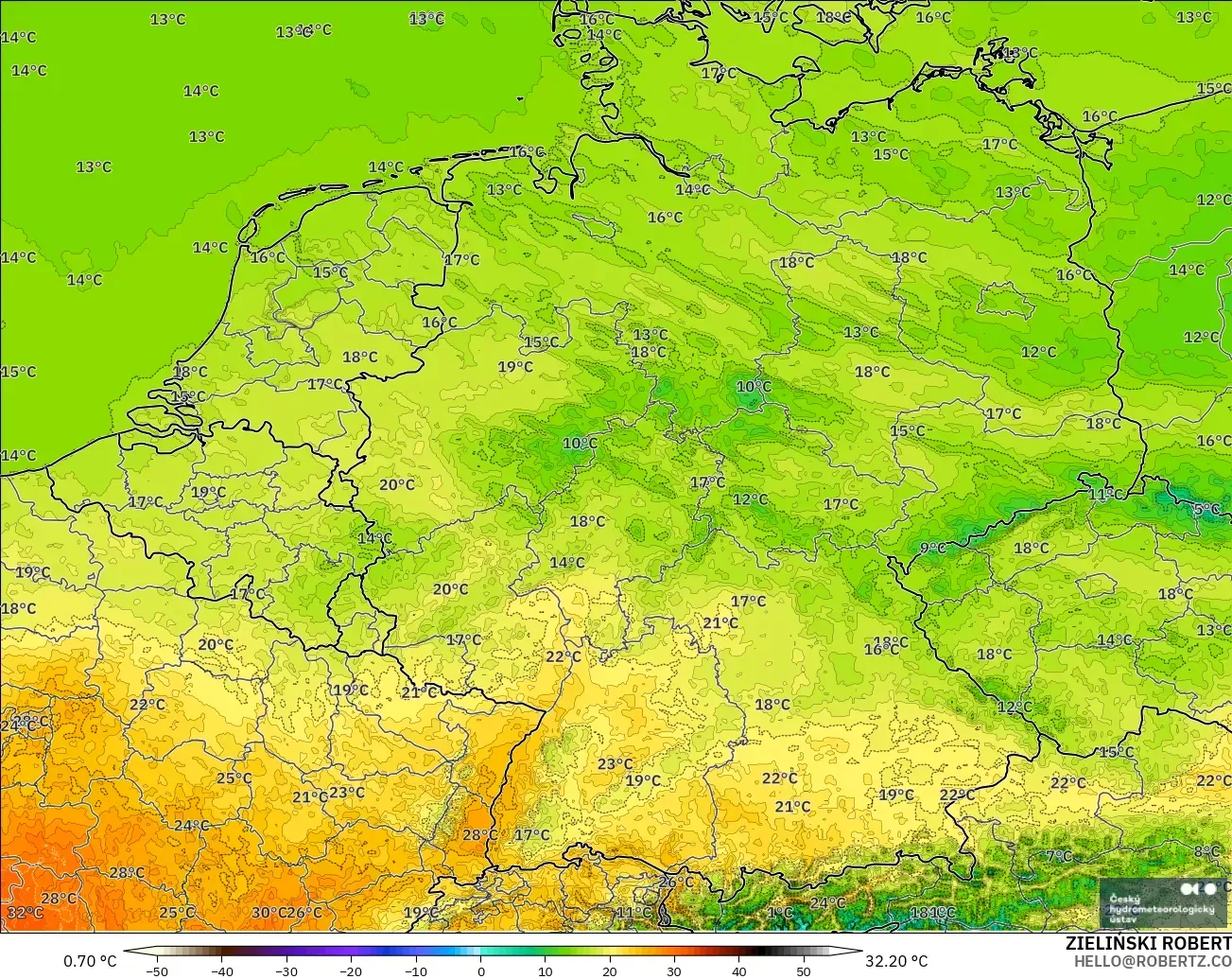 ALADIN CZ 2.3 km model - Germany, Temperature at 2m
