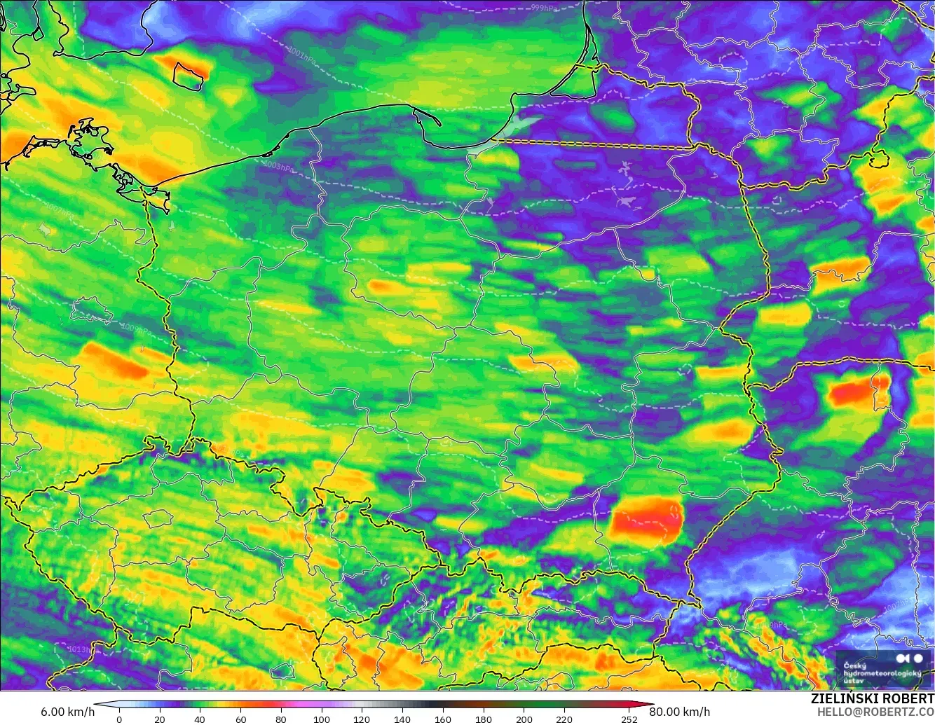ALADIN CZ 2.3 km model - Poland, Wind Gusts Peak