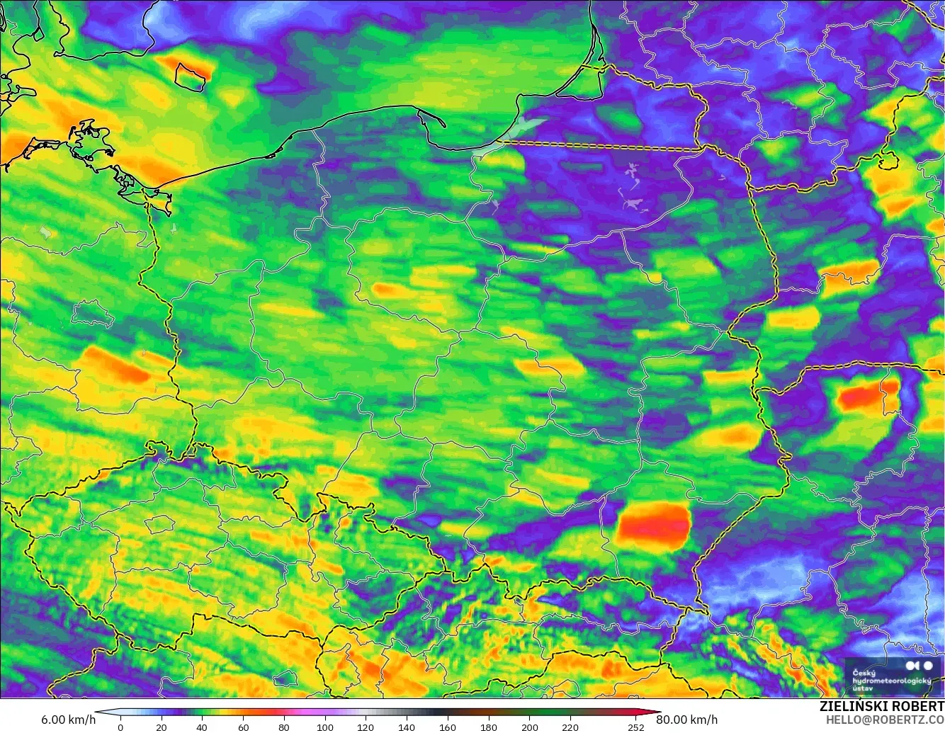 ALADIN CZ 2.3 km model - Poland, Wind Gusts