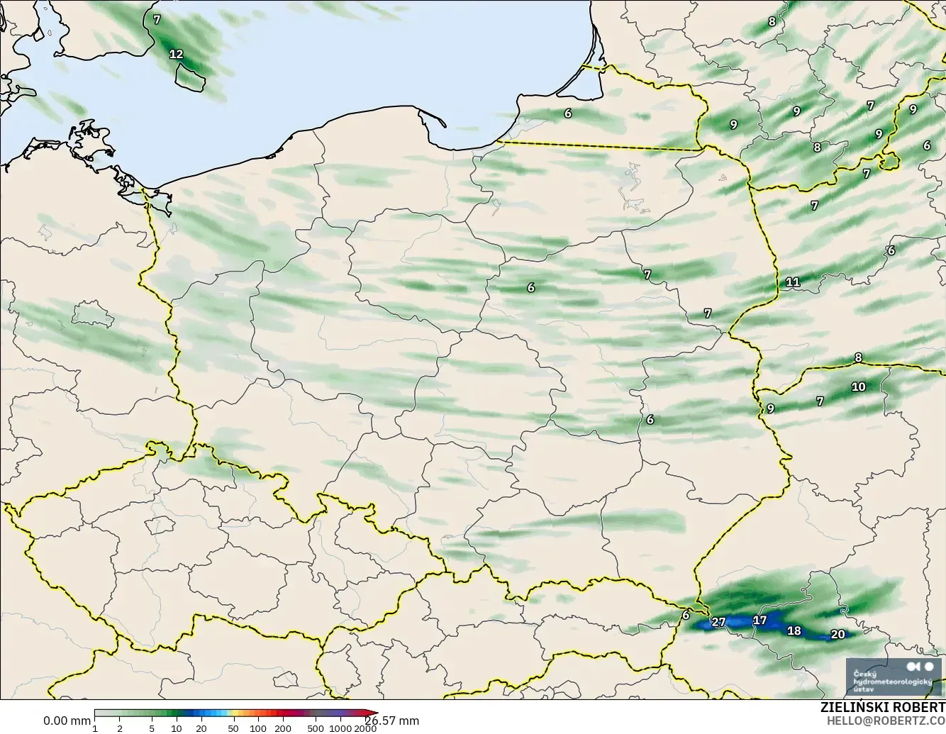 ALADIN CZ 2.3 km model - Poland, Precipitation Accumulation