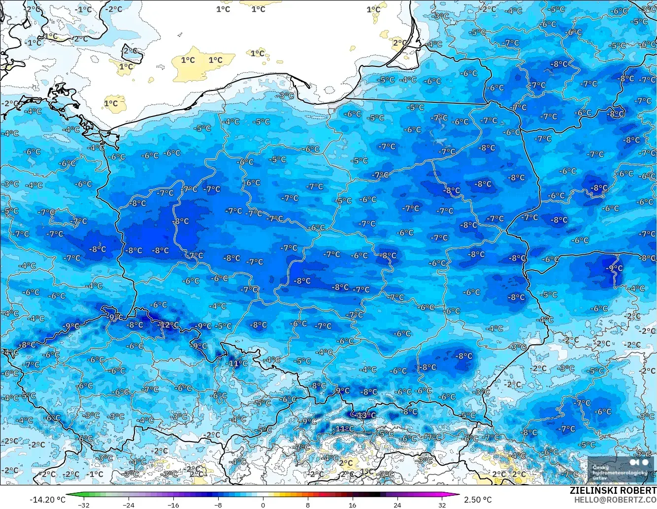 ALADIN CZ 2.3 km model - Poland, Temperature at 2m Anomaly