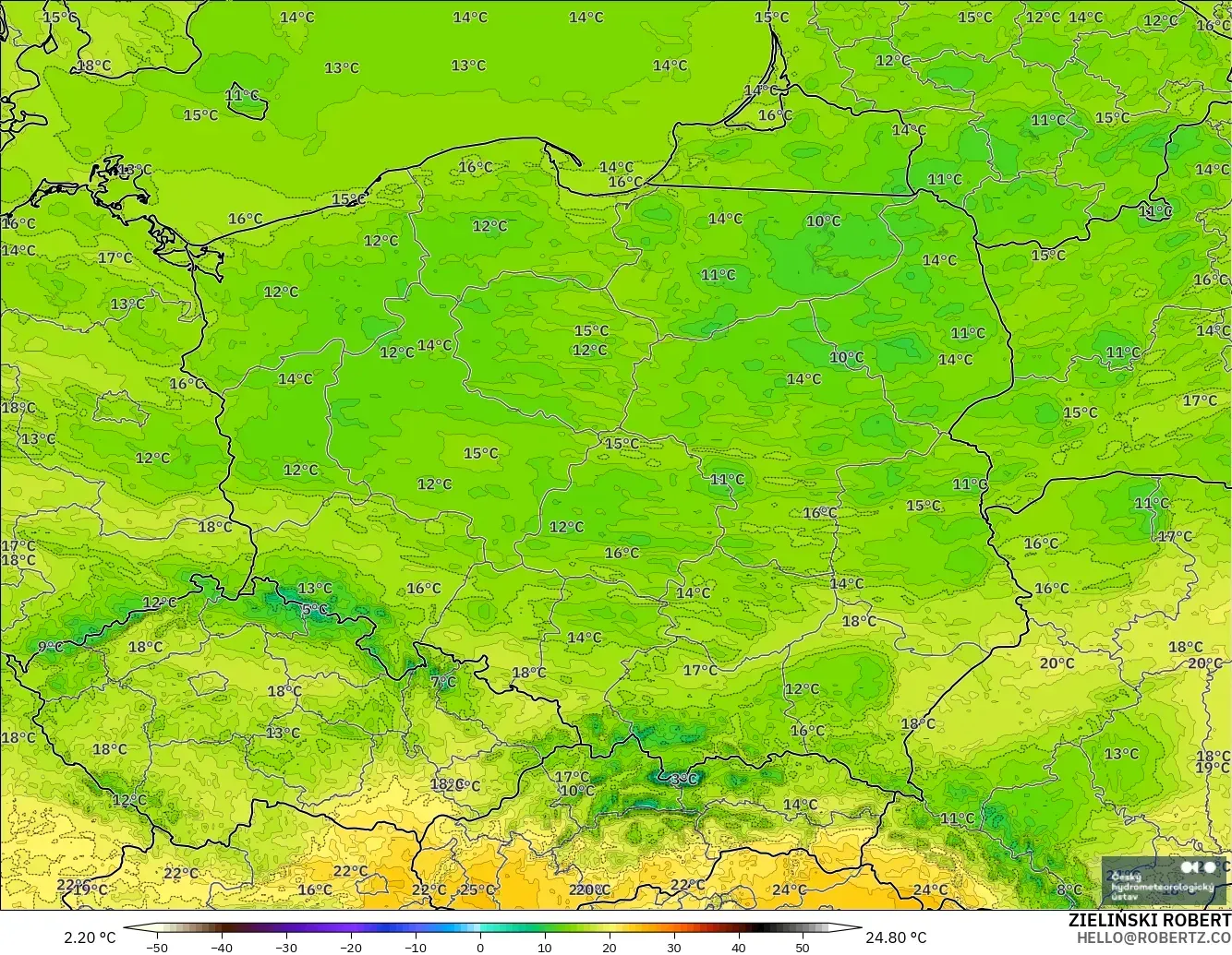 ALADIN CZ 2.3 km model - Poland, Temperature at 2m