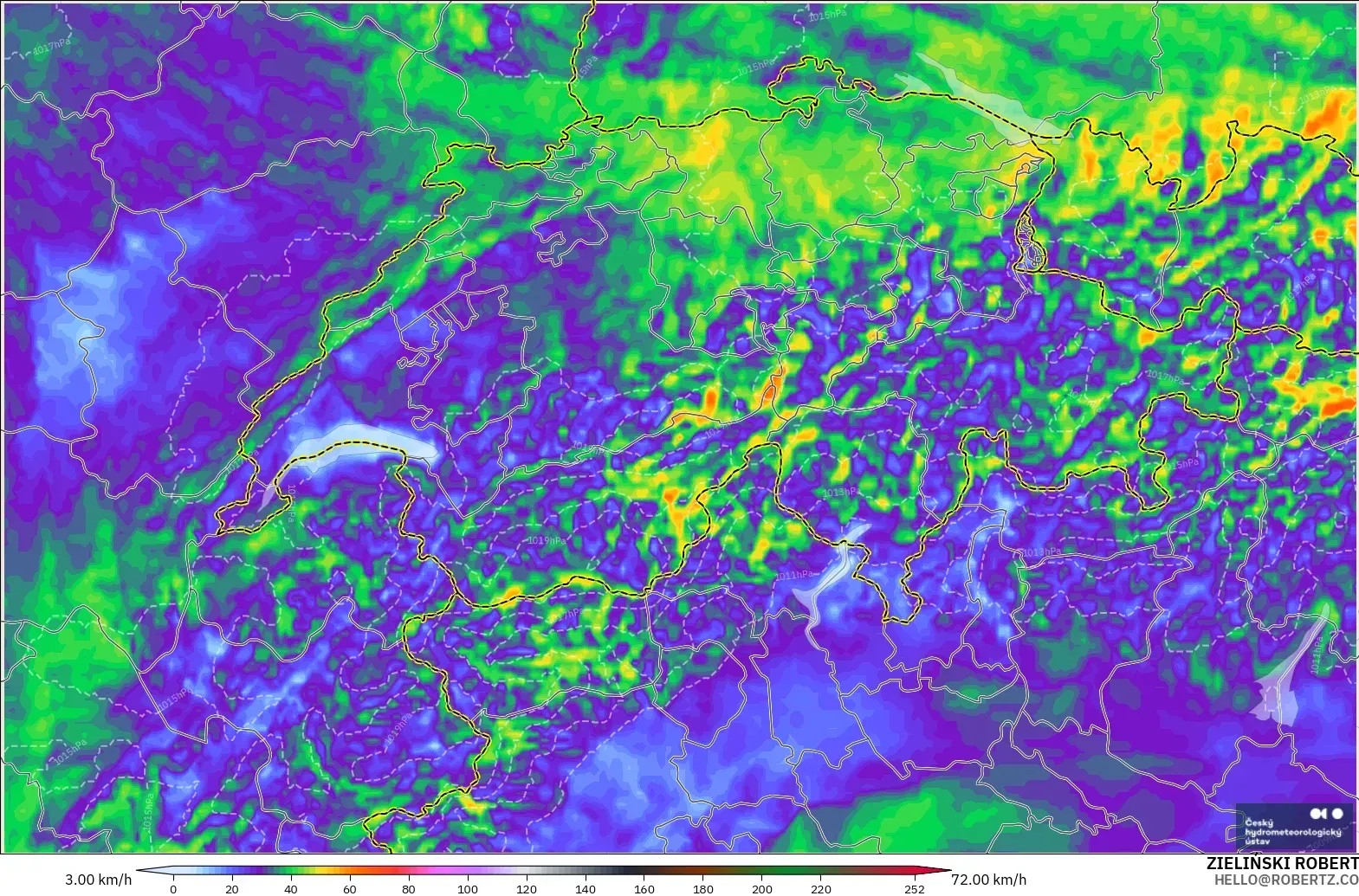 ALADIN CZ 2.3 km model - Switzerland, Wind Gusts Peak