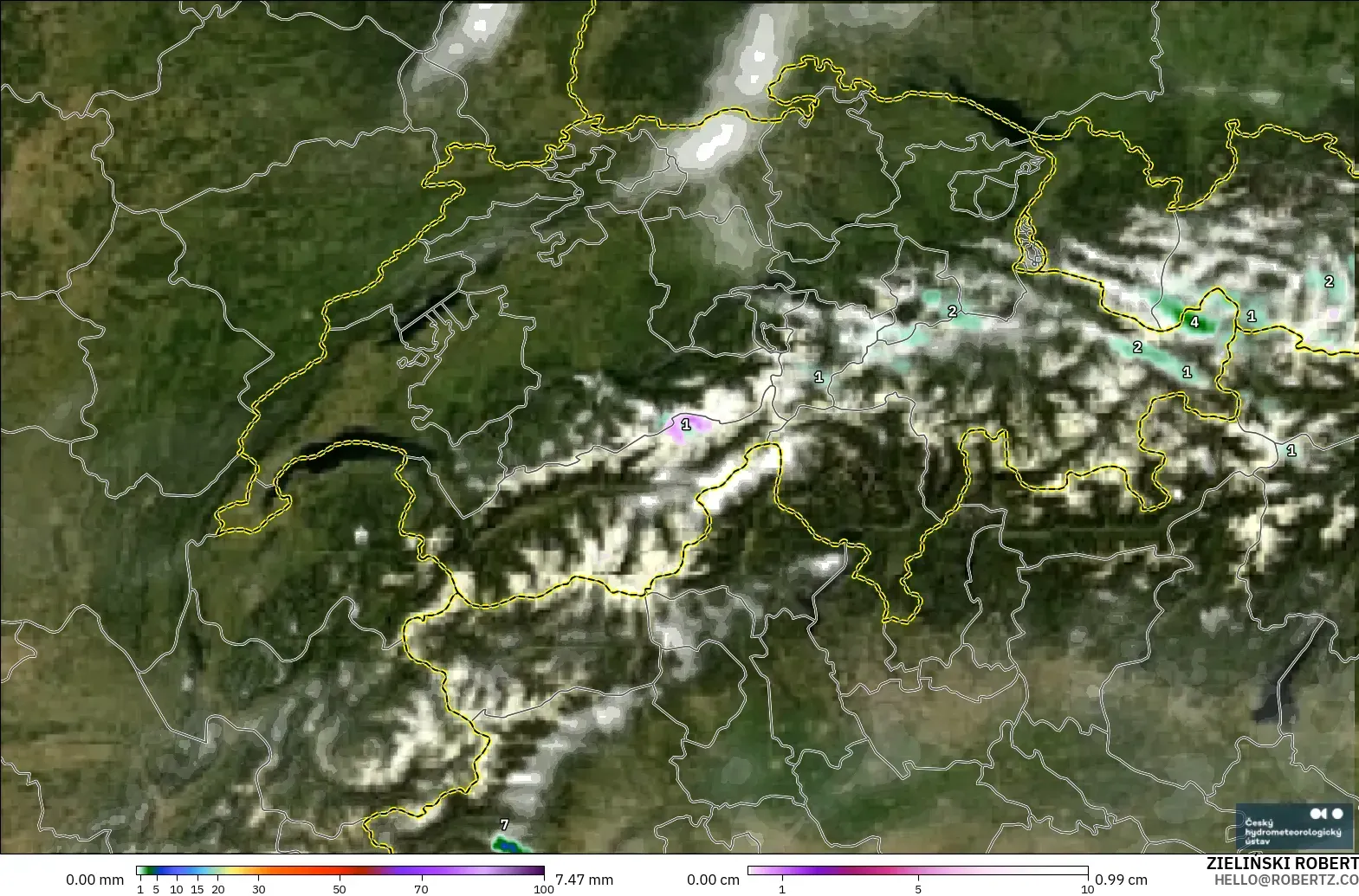 ALADIN CZ 2.3 km model - Switzerland, Precipitation, Clouds, and Pressure