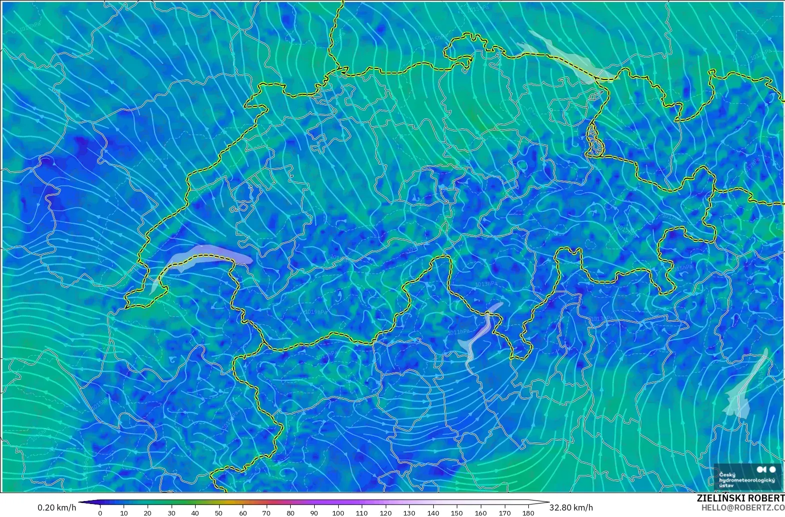 ALADIN CZ 2.3 km model - Switzerland, Wind at 10m