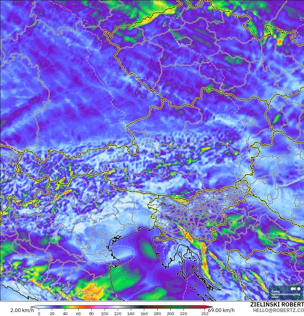 ALADIN CZ 2.3 km model - Austria, Wind Gusts Peak