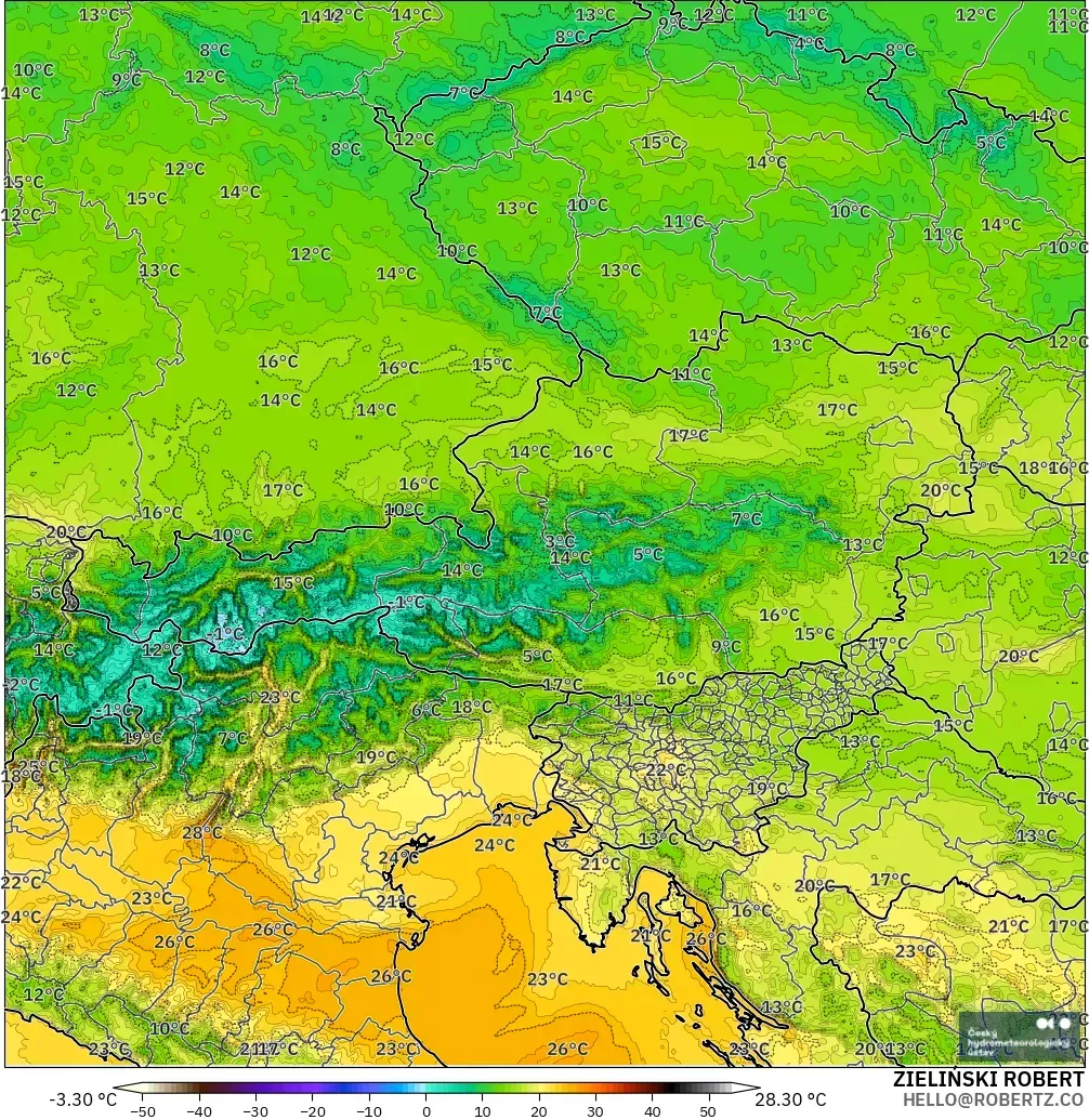 ALADIN CZ 2.3 km model - Austria, Temperature at 2m