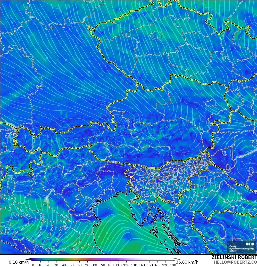 ALADIN CZ 2.3 km model - Austria, Wind at 10m