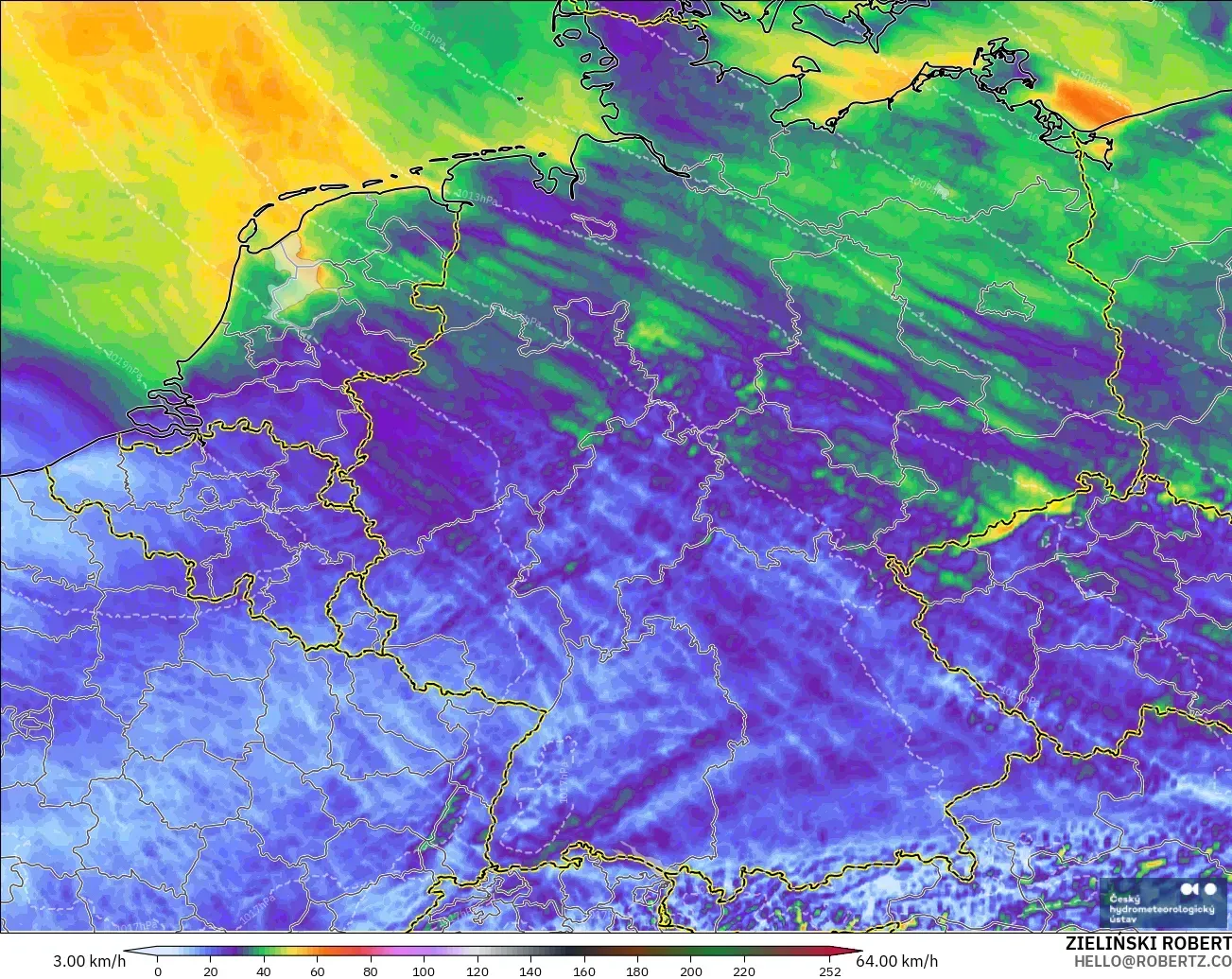 ALADIN CZ 2.3 km model - Germany, Wind Gusts Peak